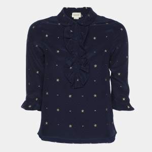 Gucci Navy Blue Silk Star Embroidered Ruffled Blouse 10Y