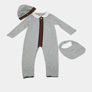 Pre Owned Gucci Kids Grey Web Trim Cotton Onesie Set 18-24M