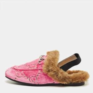 Pre Owned Gucci Pink GG Vlevet Princetown Flats Size 28
