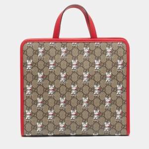Pre Owned Gucci Beige/Red Cat GG Supreme Canvas and Leather Tote