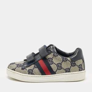 Gucci Blue/Beige GG Canvas and Leather Low Top Sneakers Size 25