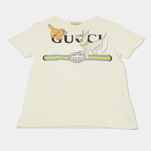 Pre Owned Gucci Kids Cream Logo Cartoon Print Jersey T-Shirt 10Yrs