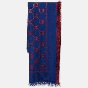 مملوكة مسبقًا Gucci Blue/Red GG Jacquard Wool and Silk Blend Scarf 