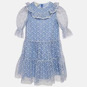 Gucci Kids Blue GG Garland Embroidery Tulle Dress 4 Yrs