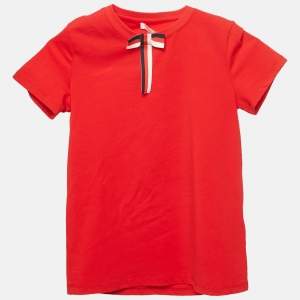 Pre Owned Gucci Kids Red Cotton Bow Detail Crew Neck T-Shirt 8 Yrs