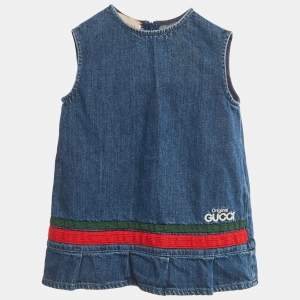 Pre Owned Gucci Kids Blue Denim Web Trim A-Line Dress 8/24M