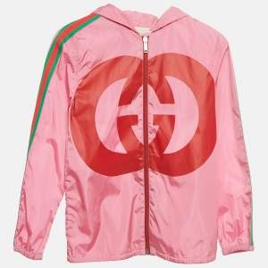 Pre Owned Gucci Kids Pink GG Print Nylon Wed Trim Jacket 8Yrs