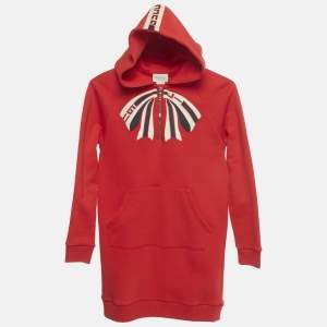 مملوكة مسبقًا Gucci Kids Red Bow Applique Cotton Hooded Dress 8Yrs