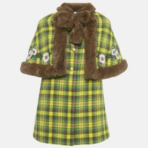 مملوكة مسبقًا Gucci Yellow/Green Checks Wool and Faux Fur Trim Jacket 10Yrs