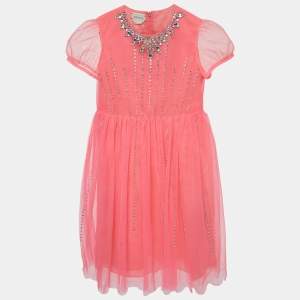 Gucci Neon Pink Crystal Embellished Tulle Tiger Dress (10 Yrs)