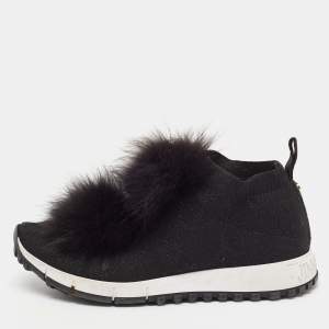 Jimmy Choo Black Knit Fabric and Lurex Norway Pom Pom Sneakers Size 34 (Kids)