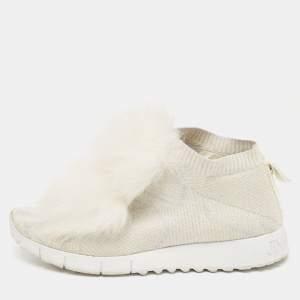 Jimmy Choo White/Silver Knit Fabric and Lurex Norway Pom Pom Sneakers Size 34 (Kids)