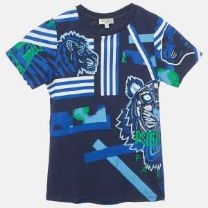 Pre Owned Kenzo Kids Navy Blue Printed Short Sleeve Cotton T-Shirt 8Yrs 
