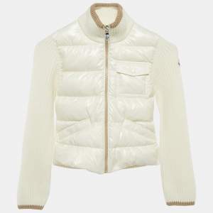 Moncler Kids Ivory Nylon and Rib Knit Down Cardigan Jacket 8 Yrs
