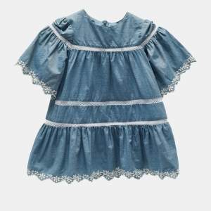 Moncler Kids Blue Cotton Eyelet Embroidered Dress 4 Yrs