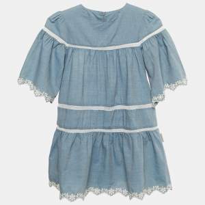Pre Owned Moncler Kids Blue Lace Trim Chambray Mini Dress 8Yrs 
