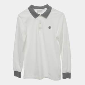 Pre Owned Moncler Kids White Log Applique Cotton Pique Full Sleeve Polo T-Shirt 12 Yrs 