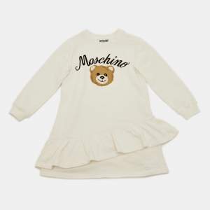 Pre Owned فستان موسكينو أطفال أبيض مطرز بشعار دب من القطن بكشكش 4 سنوات