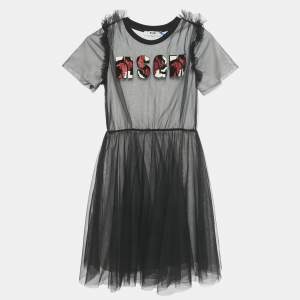 Pre Owned MSGM Kids Black Logo Applique Tulle Dress 10Yrs 