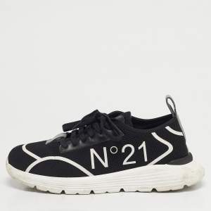 Pre Owned N°21 Black Knit Fabric and Leather Lace Up Sneakers Size 40