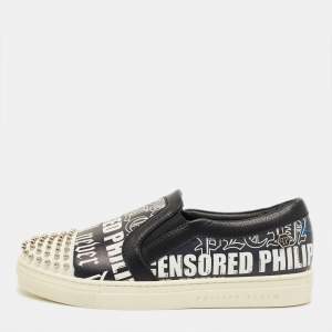 Pre Owned Philipp Plein Black/White Graffiti Print Leather Studded Slip On Sneakers Size 33