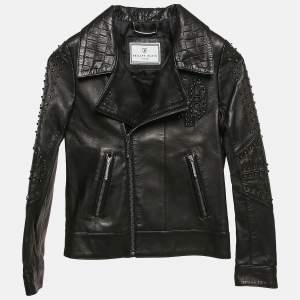 Philipp Plein Junior Black Textured Leather Black Stud Detail Biker Jacket 8 Yrs