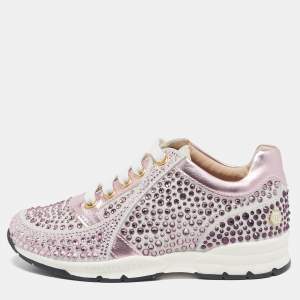 Philipp Plein Metallic Pink/White Leather and Suede Crystal Embellished Klarissa Sneakers Size 29