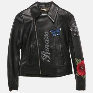 Philipp Plein Junior Black Applique Leather Detail Zip-Up Jacket 8 Yrs