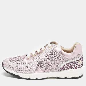 Philipp Plein Metallic Pink/White Leather and Suede Crystal Embellished Klarissa Sneakers Size 34
