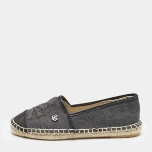 Philipp Plein Grey/Black Canvas and Leather Furious Kid Espadrille Flats Size 34