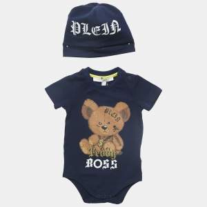 Philipp Plein Junior Navy Blue Teddy Print Cotton Romper Set 3-6M