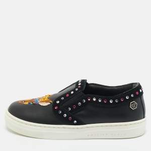 Pre Owned Philipp Plein Black Leather Embellished Lea Sneakers Size 28