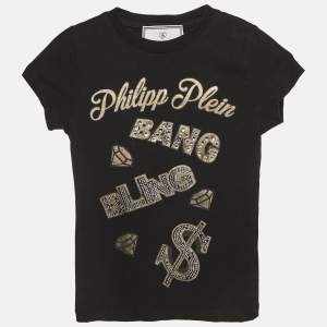Philipp Plein Junior Black Printed Cotton Stud Detail T-Shirt 6 Yrs