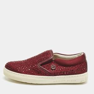 Pre Owned Philipp Plein Burgundy Satin Crystal Embellished Slip On Sneakers Size 28