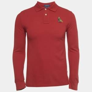 Pre Owned Polo Ralph Lauren Boys Red Pique Long Sleeve Polo T-Shirt L/16-18Yrs 