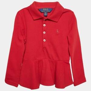 Polo Ralph Lauren Kids Red Cotton Knit Polo Collar Peplum Top 2 T
