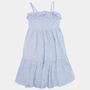 Pre Owned Polo Ralph Lauren Kids Blue Striped Cotton Ruffled Dress 6Yrs