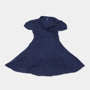 Pre Owned Polo Ralph Lauren Kids Navy Blue Polka Dot Crepe Dress 6 Yrs