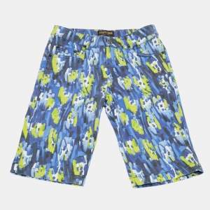 Pre Owned Roberto Cavalli Kids Blue/Yellow Cotton Bermuda Short S/10-12 Yrs