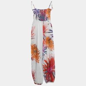 Roberto Cavalli Kids White/Orange Floral Print Cotton Shirring Jumpsuit 10 Yrs 
