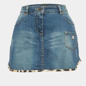 Pre Owned Roberto Cavalli Blue Denim Leopard Trim Mini Skirt 14-16 Yrs