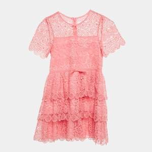 Pre Owned Self-Portrait Pink Guipure Circle Lace Tiered Mini Dress 7-8Yrs