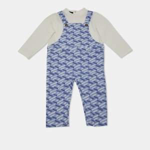 Versace Kids Blue La Greca Print Cotton Knit Jumpsuit 9-12 M
