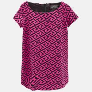Versace Kids Pink La Greca Print Crepe Short Sleeve Dress 4 Yrs