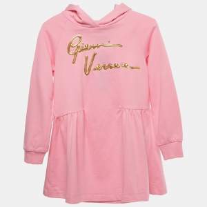 Pre Owned Versace Kids Pink Logo Embossed Cotton Hooded Dress 8Yrs