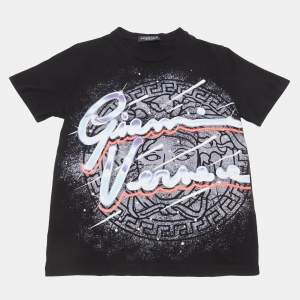 Pre Owned Versace Kids Black Signature Print Cotton T-Shirt 10Yrs 
