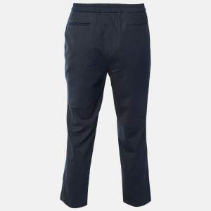 Pre Owned بنطلون أدولفو دومينغيز صوف ممزوج منقوش أزرق كحلي مقاس كبير - محيط الخصر 33 بوصة