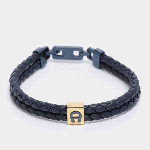 Pre Owned Aigner Navy Blue Leather Logo Cord Bracelet