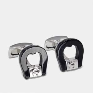 Pre Owned Aigner Logo Ceramic Silver Tone Cufflinks
