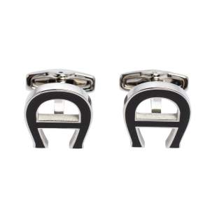 Pre Owned Aigner Black Enamel Silver Tone Logo Cufflinks